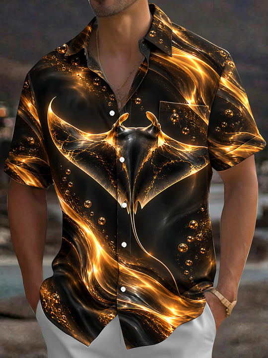 Adaychic Men's Manta Ray With Golden Bubbles And Waves Print Short Sleeve Shirt with Chest Pocket