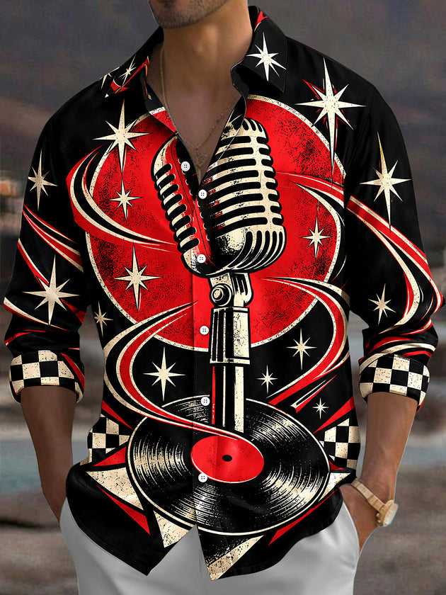 Adaychic Men's Vintage Microphone And Vinyl Records Print Long Sleeve Shirt with Chest Pocket