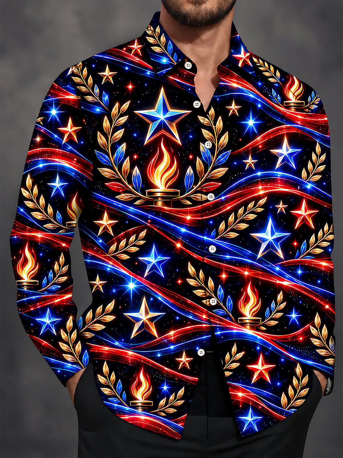 Adaychic Men's Long Sleeve Shirt - Veterans Day Patriotic Stars And Torches With Laurel Wreaths Print with Chest Pocket