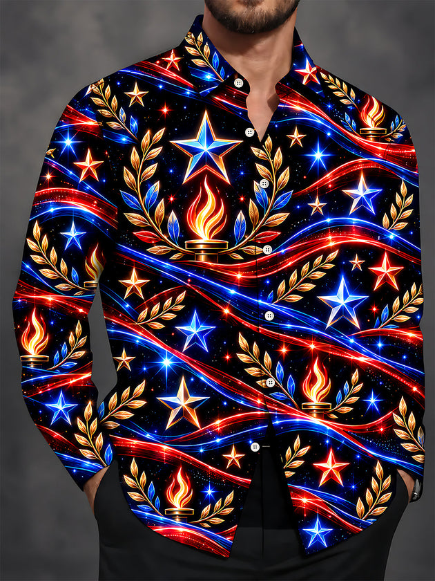 Adaychic Men's Long Sleeve Shirt - Veterans Day Patriotic Stars And Torches With Laurel Wreaths Print with Chest Pocket