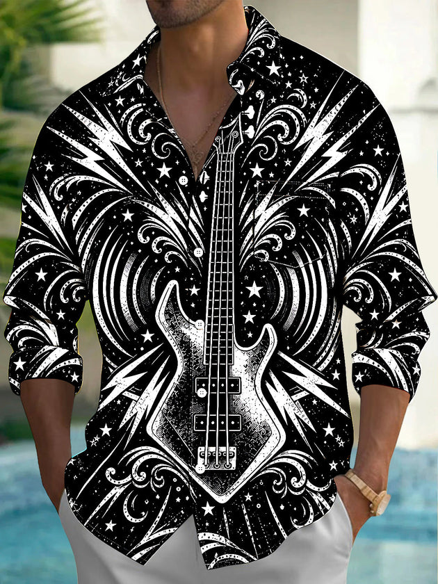 Adaychic Men's Bass Guitar With Stars And Lightning Print Long Sleeve Shirt with Chest Pocket