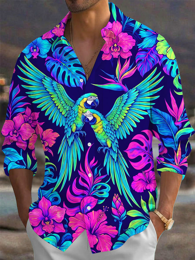 Adaychic Men's Neon Parrots And Tropical Flowers Print Long Sleeve Shirt with Chest Pocket