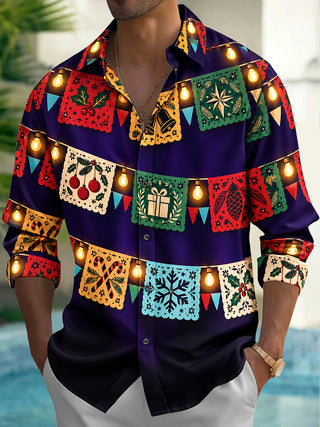 Adaychic Men's Long Sleeve Shirt - Christmas Paper-cutting Flags And String Lights Print with Chest Pocket