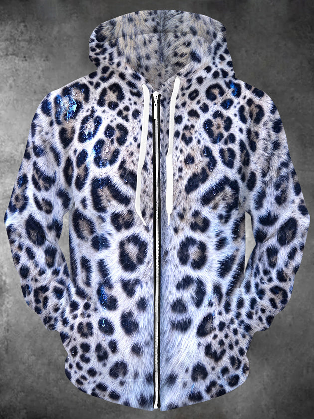 Adaychic Men's Printed Snow Leopard Fur Texture Print Long Sleeve Zip-Up Hoodie