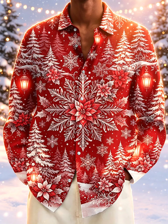 Adaychic Men's Christmas Snowflakes And Poinsettias Print Long Sleeve Shirt with Chest Pocket