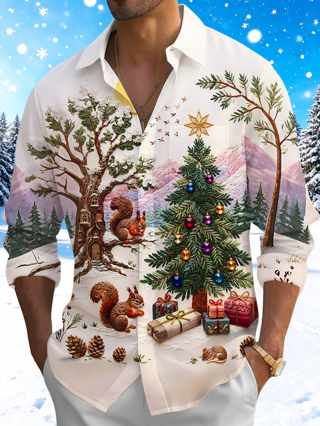 Men's Long Sleeve Shirt - Christmas Tree And Ornaments With Squirrels Print with Chest Pocket
