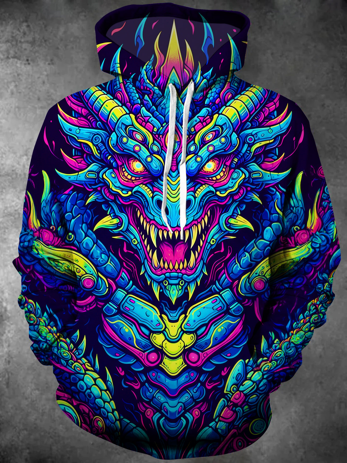 Adaychic Men's Graphic Neon Mechanical Dragon Print Long Sleeve Hoodie