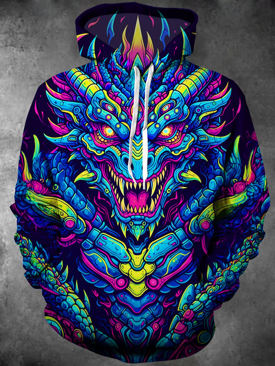 Adaychic Men's Graphic Neon Mechanical Dragon Print Long Sleeve Hoodie