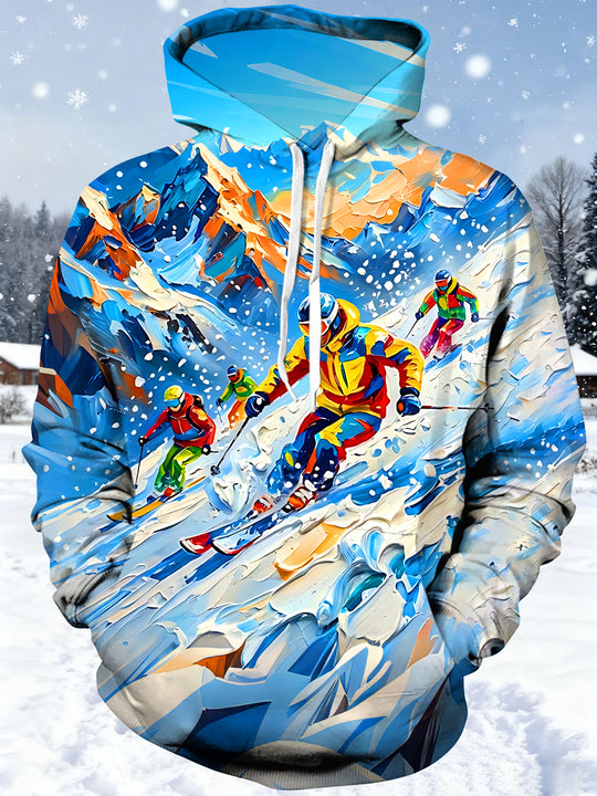 Adaychic Men's Printed Skiing Skiers On Snowy Mountain Print Long Sleeve Hoodie