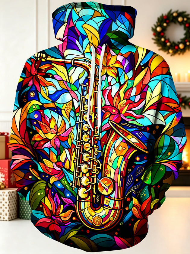 Adaychic Men's Stained Glass Saxophone And Floral Art Print Long Sleeve Hoodie