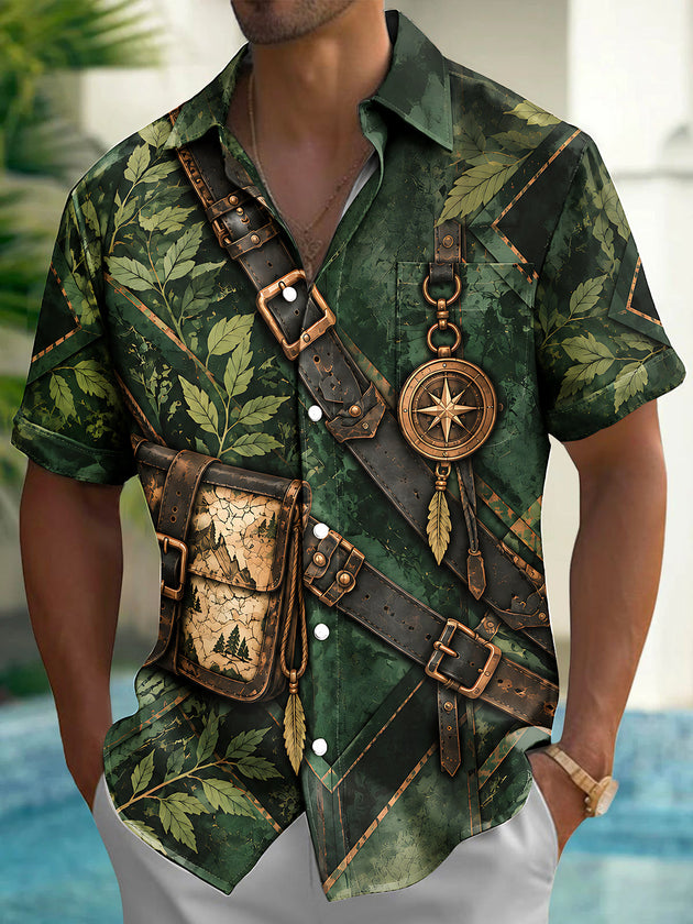 Adaychic Men's Printed Jungle Leaves And Explorer Gear Print Short Sleeve Shirt with Chest Pocket