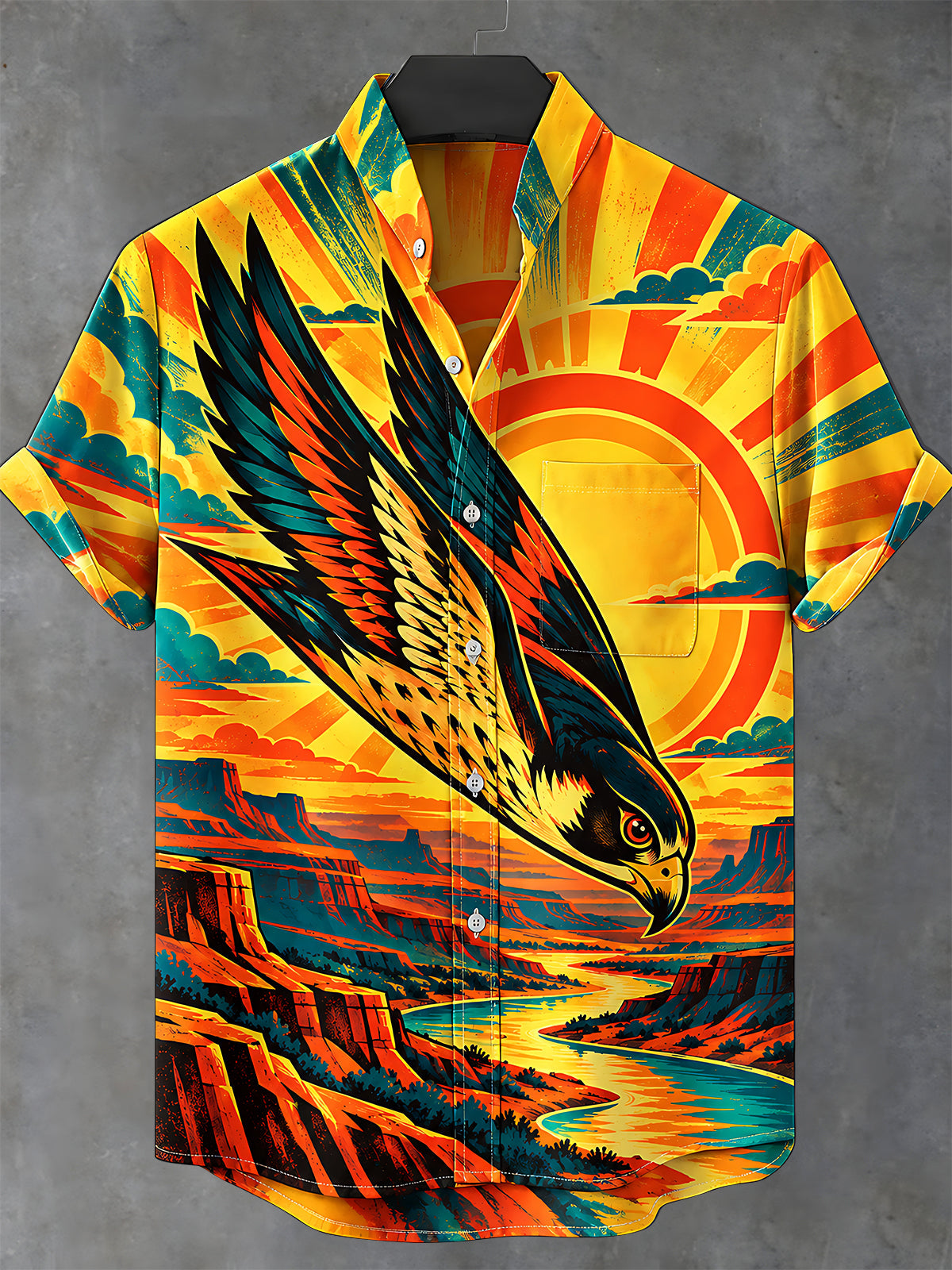 Adaychic Men's Short Sleeve Stand Collar Shirt - Eagle Flying Over Canyon Landscape Print with Chest Pocket
