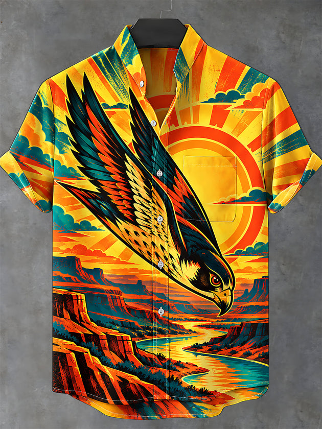 Adaychic Men's Short Sleeve Stand Collar Shirt - Eagle Flying Over Canyon Landscape Print with Chest Pocket