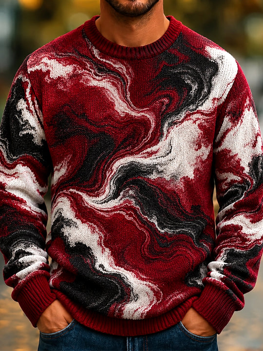 Adaychic Men's Abstract Swirling Marble Pattern Long Sleeve Crew Neck Sweater