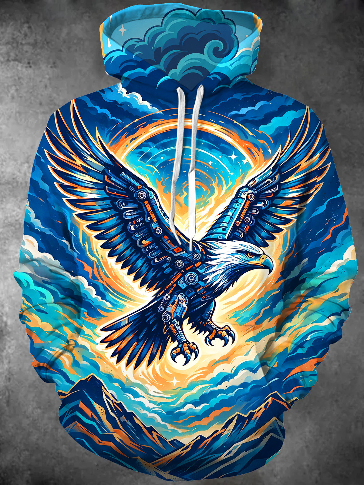 Adaychic Men's Graphic Mechanical Eagle In Cloud Sea Print Long Sleeve Hoodie