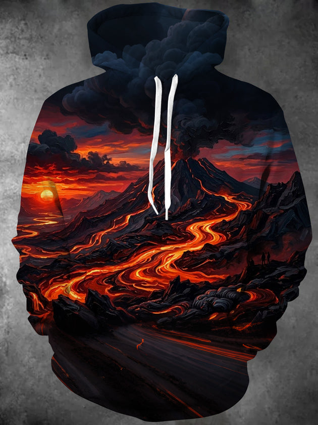 Adaychic Men's Long Sleeve Hoodie - Volcanic Eruption Landscape With Lava Flow Print