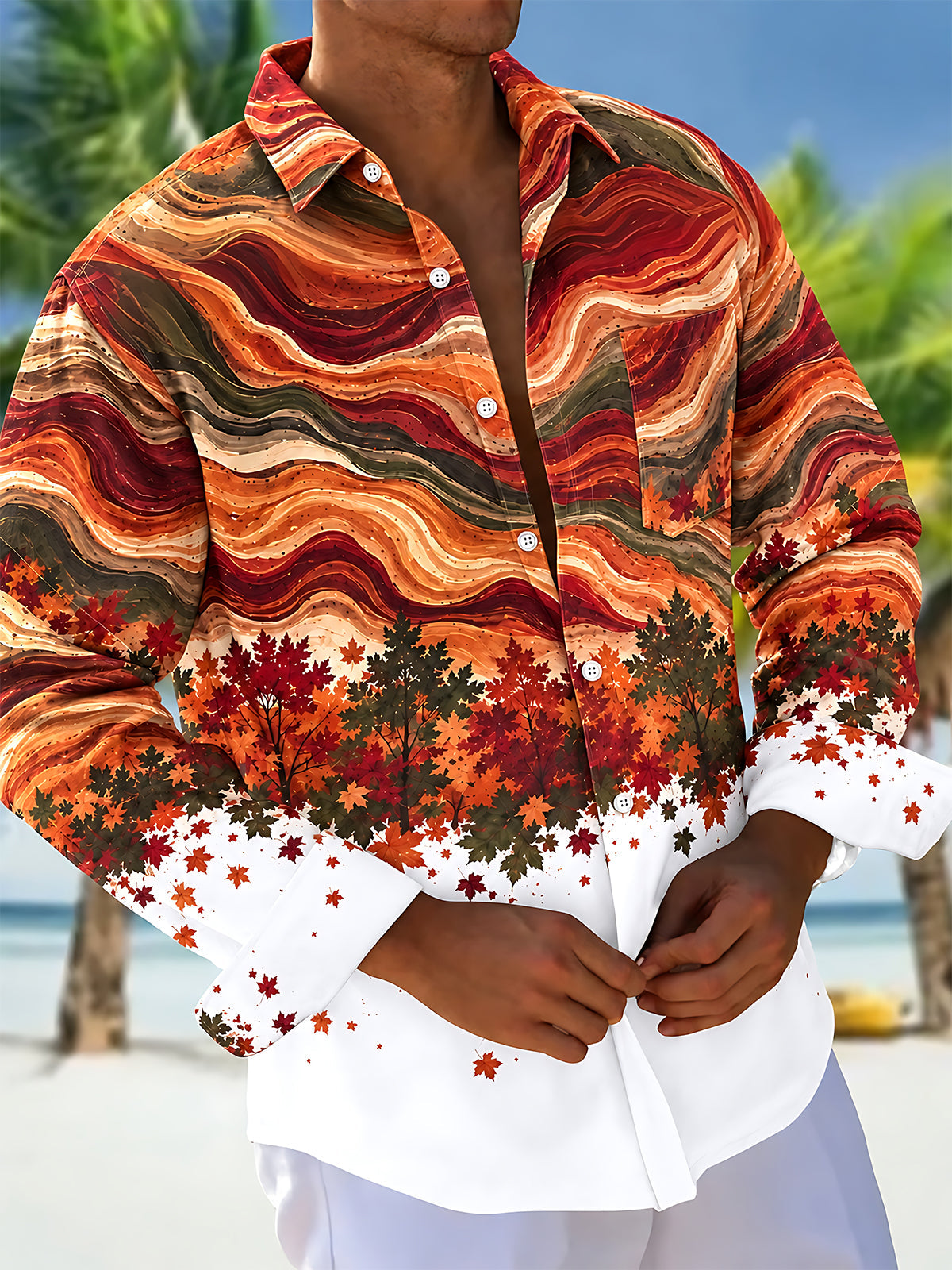 Adaychic Men's Autumn Maple Leaves And Wavy Lines Print Long Sleeve Shirt with Chest Pocket