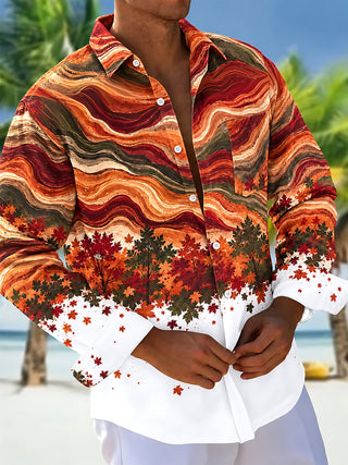 Adaychic Men's Autumn Maple Leaves And Wavy Lines Print Long Sleeve Shirt with Chest Pocket