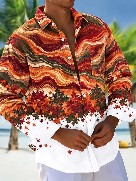 Adaychic Men's Autumn Maple Leaves And Wavy Lines Print Long Sleeve Shirt with Chest Pocket