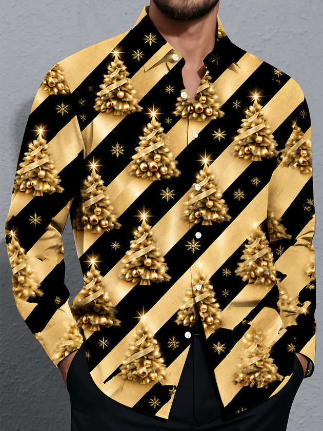 Adaychic Men's Long Sleeve Shirt - Gold Christmas Trees With Ornaments And Snowflakes Print with Chest Pocket