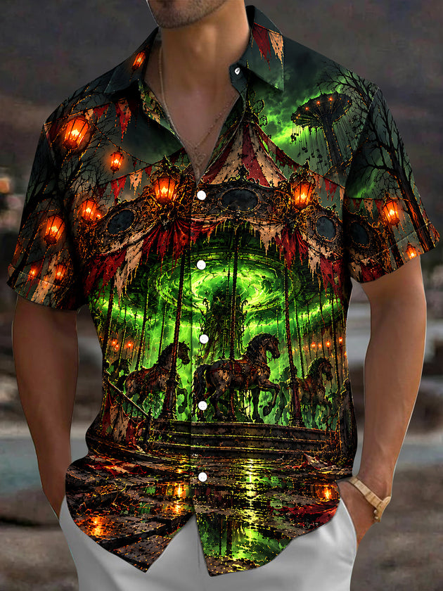 Adaychic Men's Short Sleeve Shirt - Dark Carousel Horses And Glowing Lanterns Print with Chest Pocket