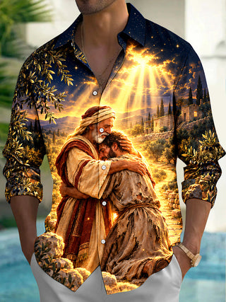 Adaychic Men's Printed Biblical Prodigal Son Embrace Print Long Sleeve Shirt with Chest Pocket