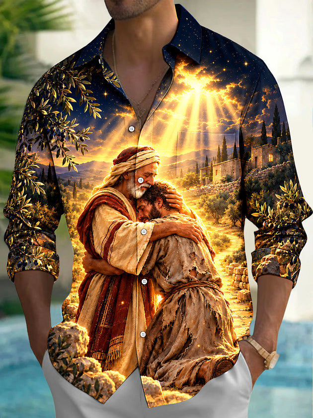 Adaychic Men's Printed Biblical Prodigal Son Embrace Print Long Sleeve Shirt with Chest Pocket