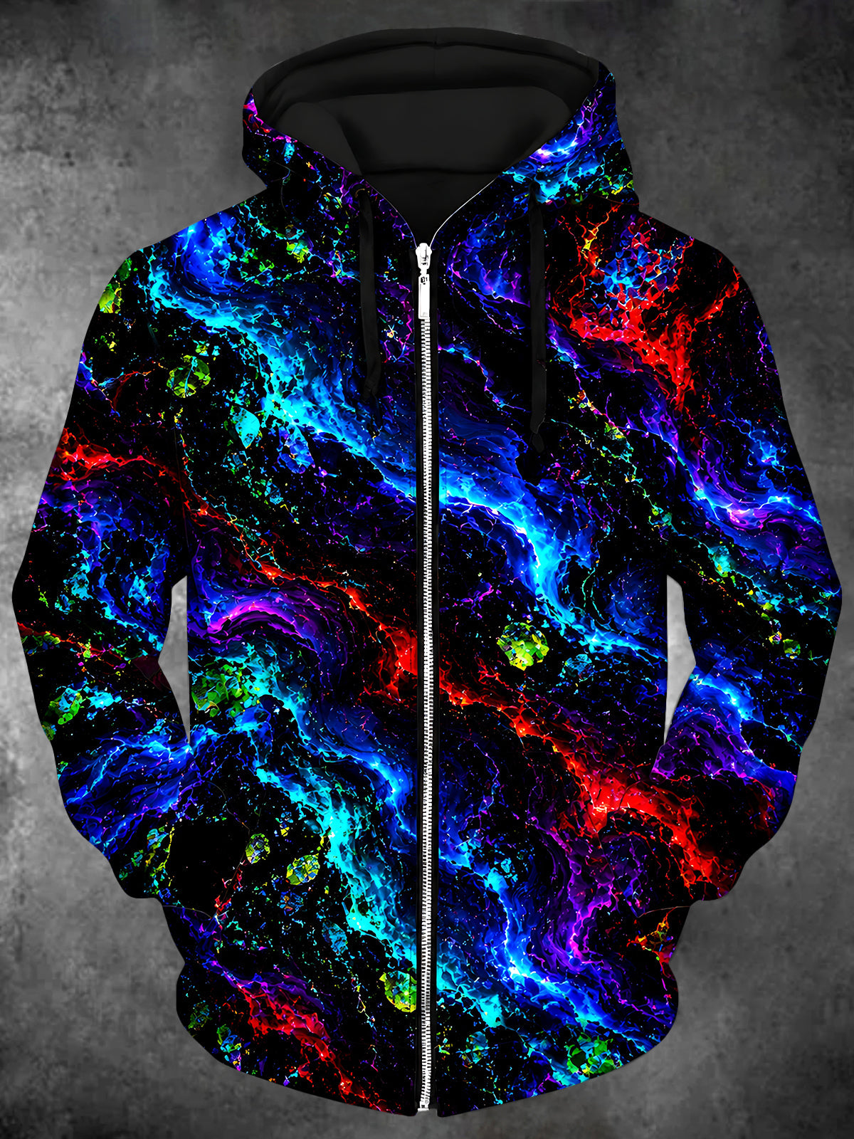 Adaychic Men's Abstract Neon Abstract Swirls Print Long Sleeve Zip-Up Hoodie