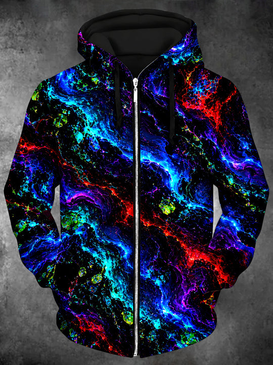 Adaychic Men's Abstract Neon Abstract Swirls Print Long Sleeve Zip-Up Hoodie