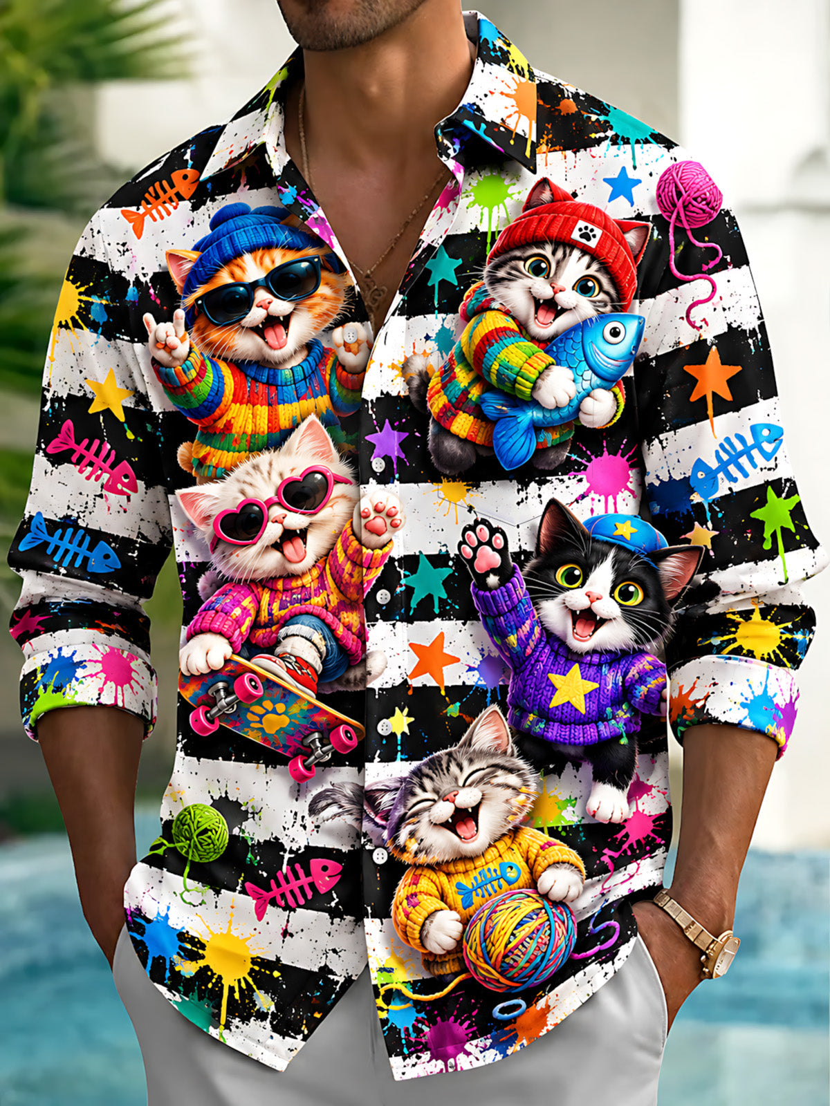 Adaychic Men's Long Sleeve Shirt - Cute Cats With Accessories And Fish Bones Print with Chest Pocket