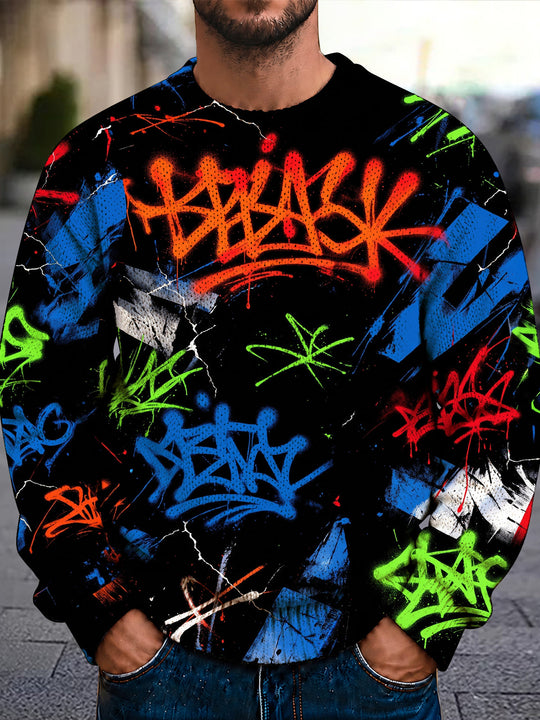 Adaychic Men's Graffiti Text And Splatters Print Long Sleeve Crew Neck Sweater