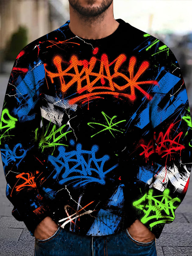 Adaychic Men's Graffiti Text And Splatters Print Long Sleeve Crew Neck Sweater
