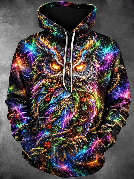 Adaychic Men's Printed Christmas Owl And Holly Print Long Sleeve Hoodie
