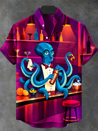 Adaychic Men's Graphic Octopus Bartender Print Short Sleeve Stand Collar Shirt with Chest Pocket