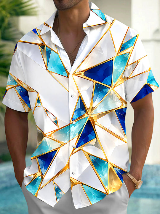Adaychic Men's Short Sleeve Shirt - Geometric Crystal Facets With Gold Lines Print with Chest Pocket