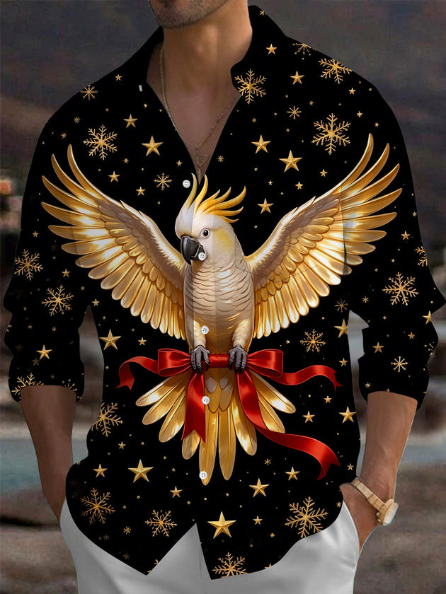 Adaychic Men's Christmas Golden Parrot With Red Ribbon Print Long Sleeve Shirt with Chest Pocket