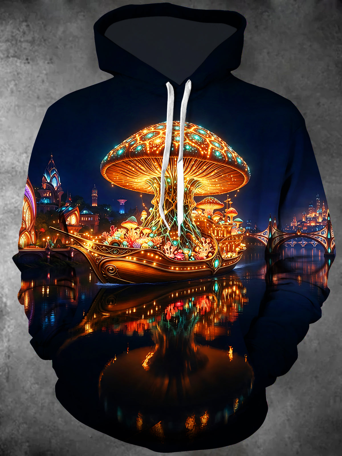 Adaychic Men's Long Sleeve Hoodie - Glowing Mushroom Fantasy City Boat Cruise Ship Print