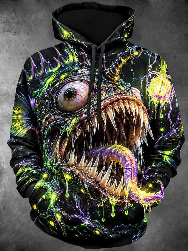 Adaychic Men's Long Sleeve Hoodie - Monster Fish With Sharp Teeth And Glowing Lure Print