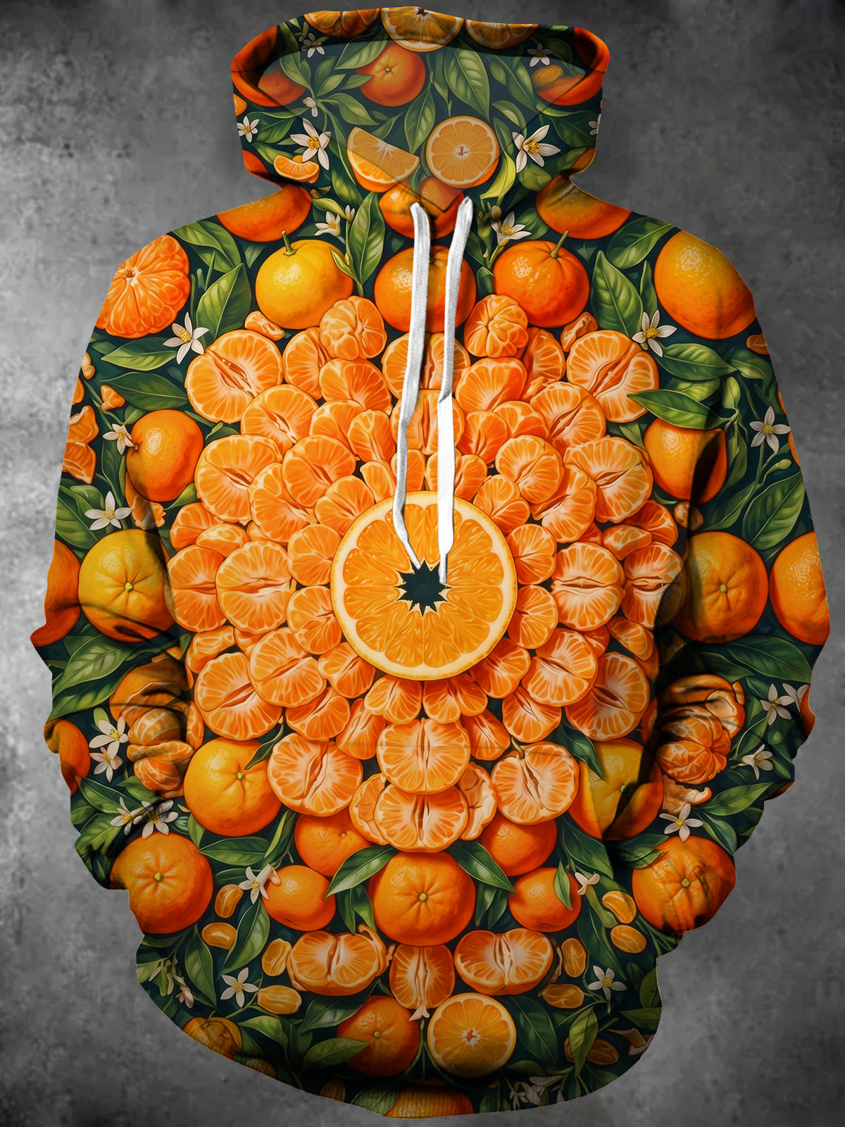 Adaychic Men's Citrus Mandala With Oranges And Flowers Print Long Sleeve Hoodie