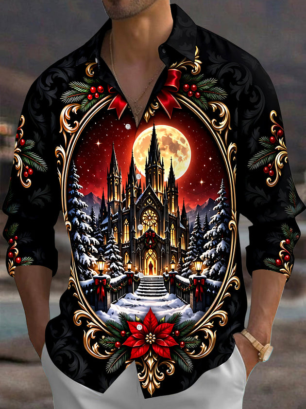 Adaychic Men's Long Sleeve Shirt - Christmas Gothic Castle And Snowy Pine Trees Under Full Moon Print with Chest Pocket