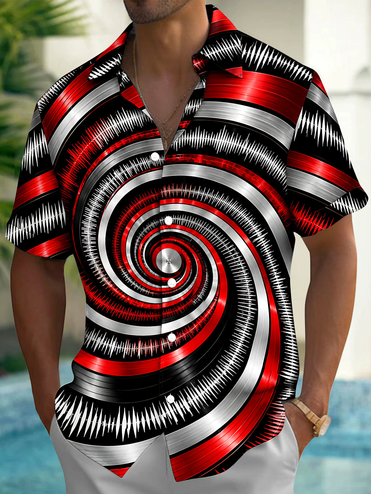 Adaychic Men's Abstract Sound Wave Spiral Pattern Short Sleeve Shirt with Chest Pocket
