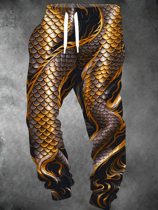 Adaychic Men's Patterned Golden Dragon Scale Texture Print Pants