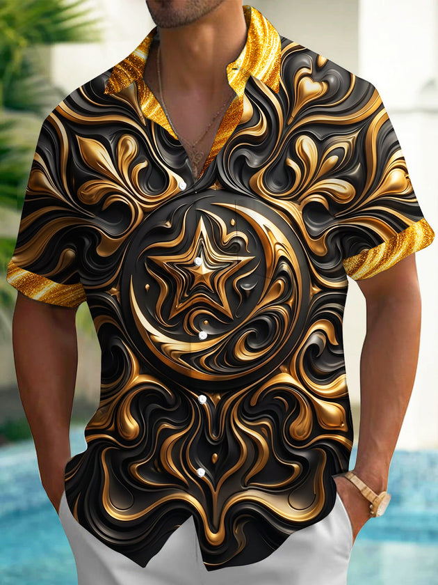 Adaychic Men's Graphic 3D Swirl Moon Star Relief Print Short Sleeve Shirt with Chest Pocket