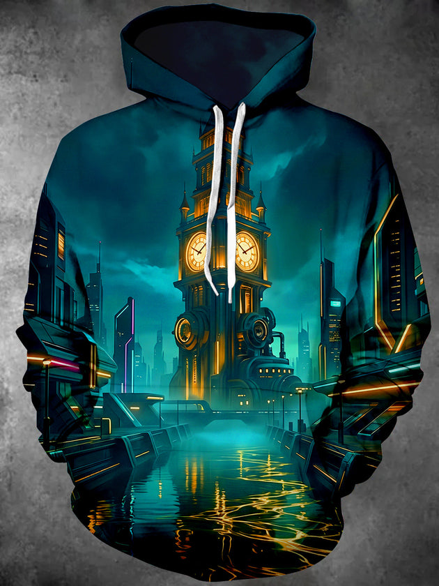 Adaychic Men's Cyberpunk Clock Tower And Water City Print Long Sleeve Hoodie