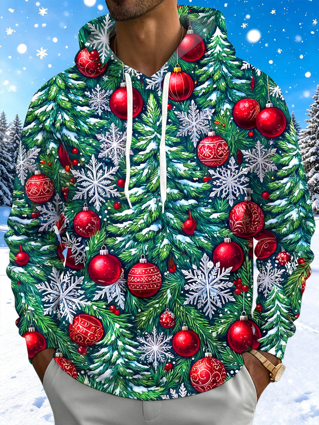 Adaychic Men's Christmas Pine Branches And Ornaments Print Long Sleeve Hoodie