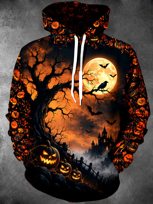 Adaychic Men's Long Sleeve Hoodie - Halloween Jack-o-lanterns And Haunted Castle Print