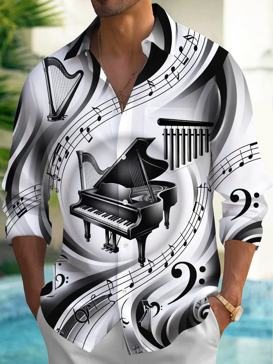 Adaychic Men's Graphic Piano Harp Music Note Pattern Long Sleeve Shirt with Chest Pocket
