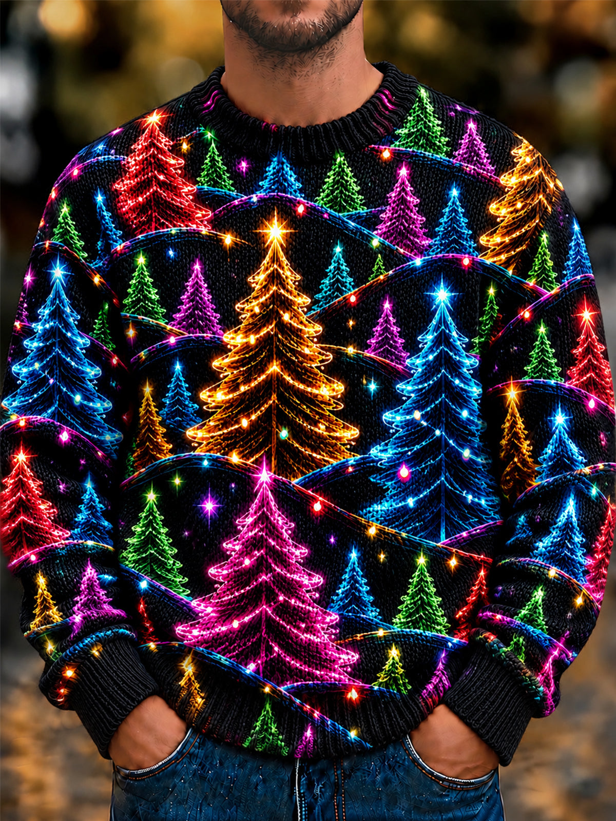 Adaychic Men's Neon Christmas Trees And Lights Print Long Sleeve Sweater