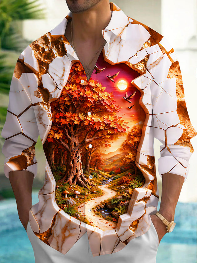 Adaychic Men's Long Sleeve Shirt - Autumn Forest Landscape With Cracked Marble Border Print with Chest Pocket