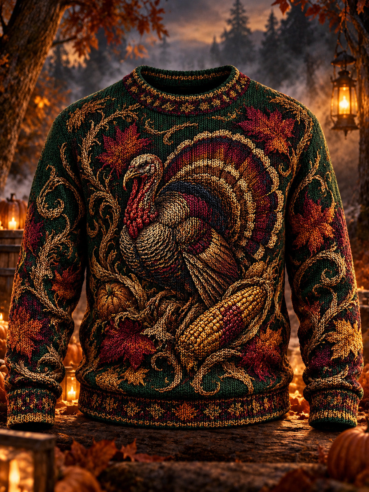 Adaychic Men's Long Sleeve Crew Neck Sweater - Thanksgiving Turkey And Harvest Produce Print